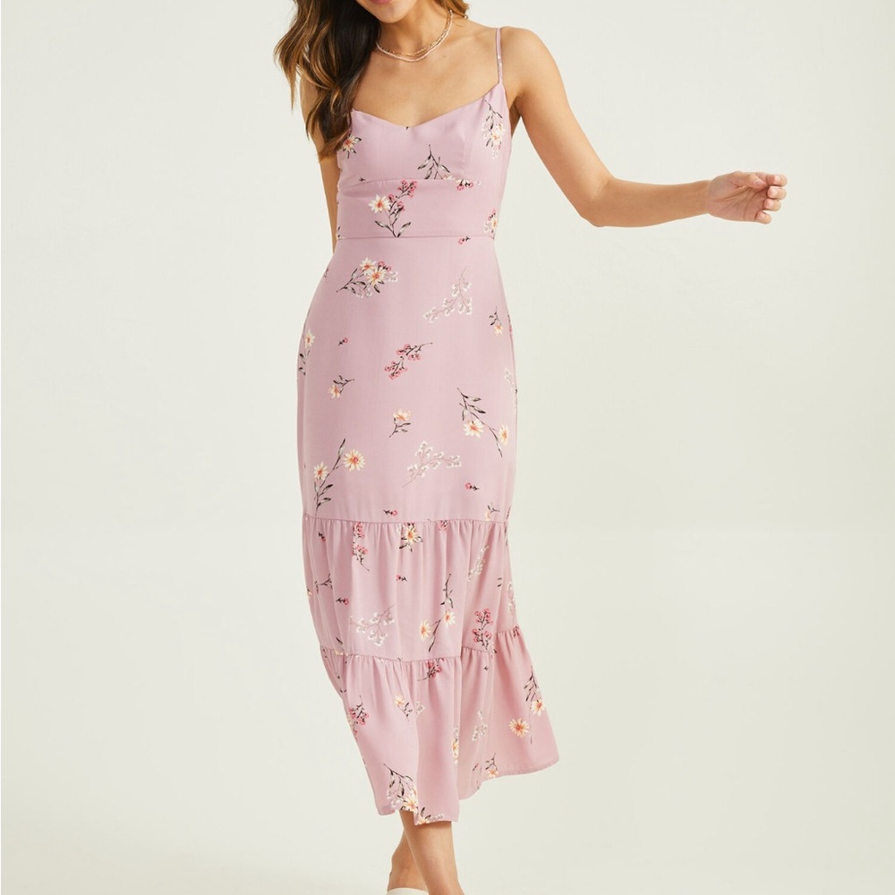 ROW A Floral Print Tiered Hem Midi Dress MAUVE